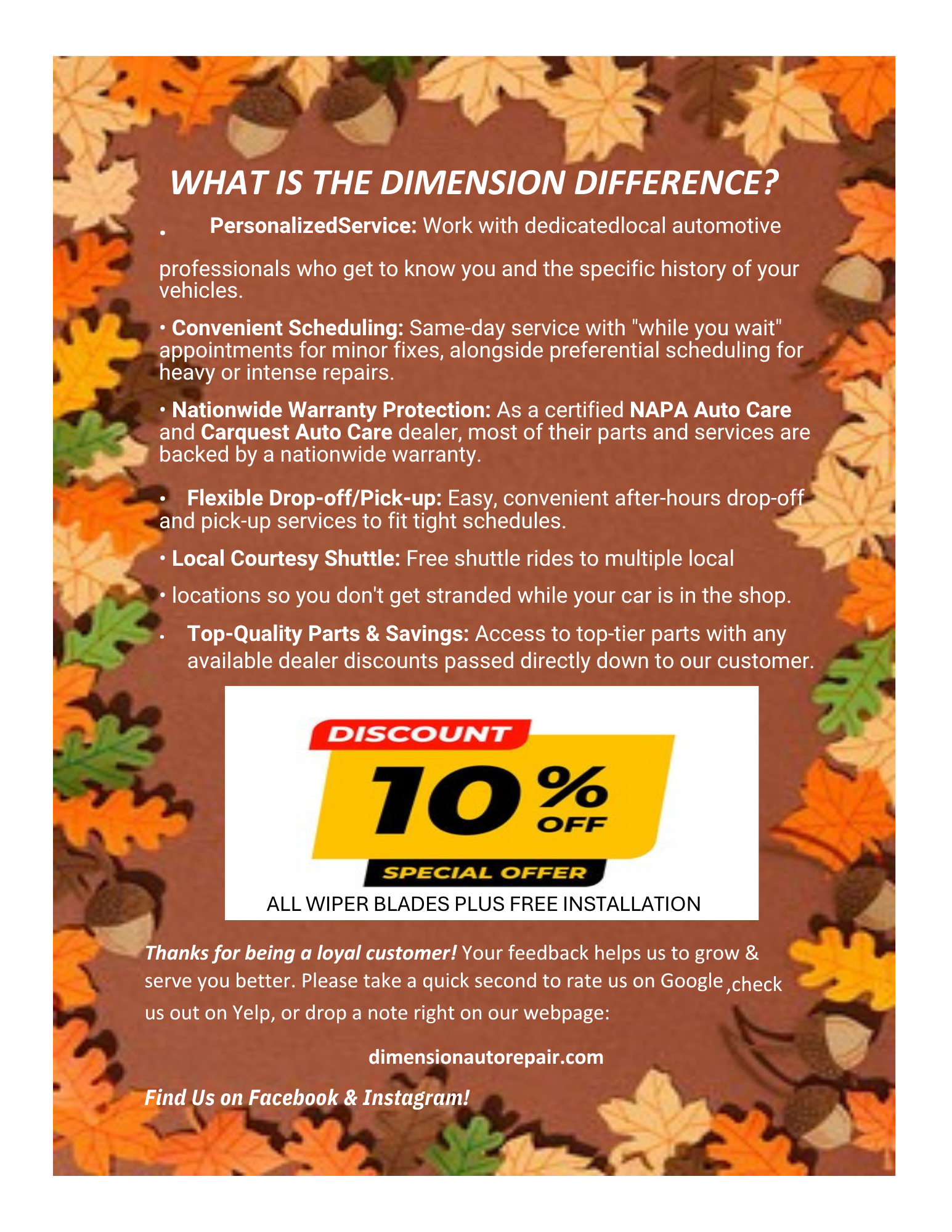 Fall-themed Dimension Auto Repair promotional flyer highlighting personalized service, convenient scheduling, nationwide warranty protection, courtesy shuttle service, and 10% off wiper blades with free installation.
